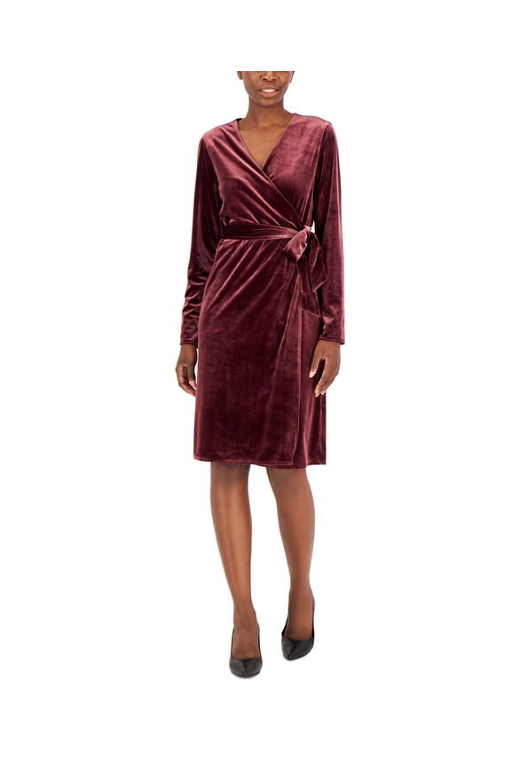 Womens Velvet Long Sleeve Wrap Dress Rich Malbec L