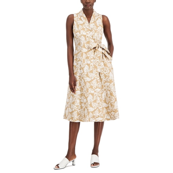 Alfani Womens Wrap Midi Dress Ditsy Palm Water Camel S