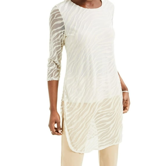 Alfani Womens Zebra Print Tunic Blouse, Off-White, Small