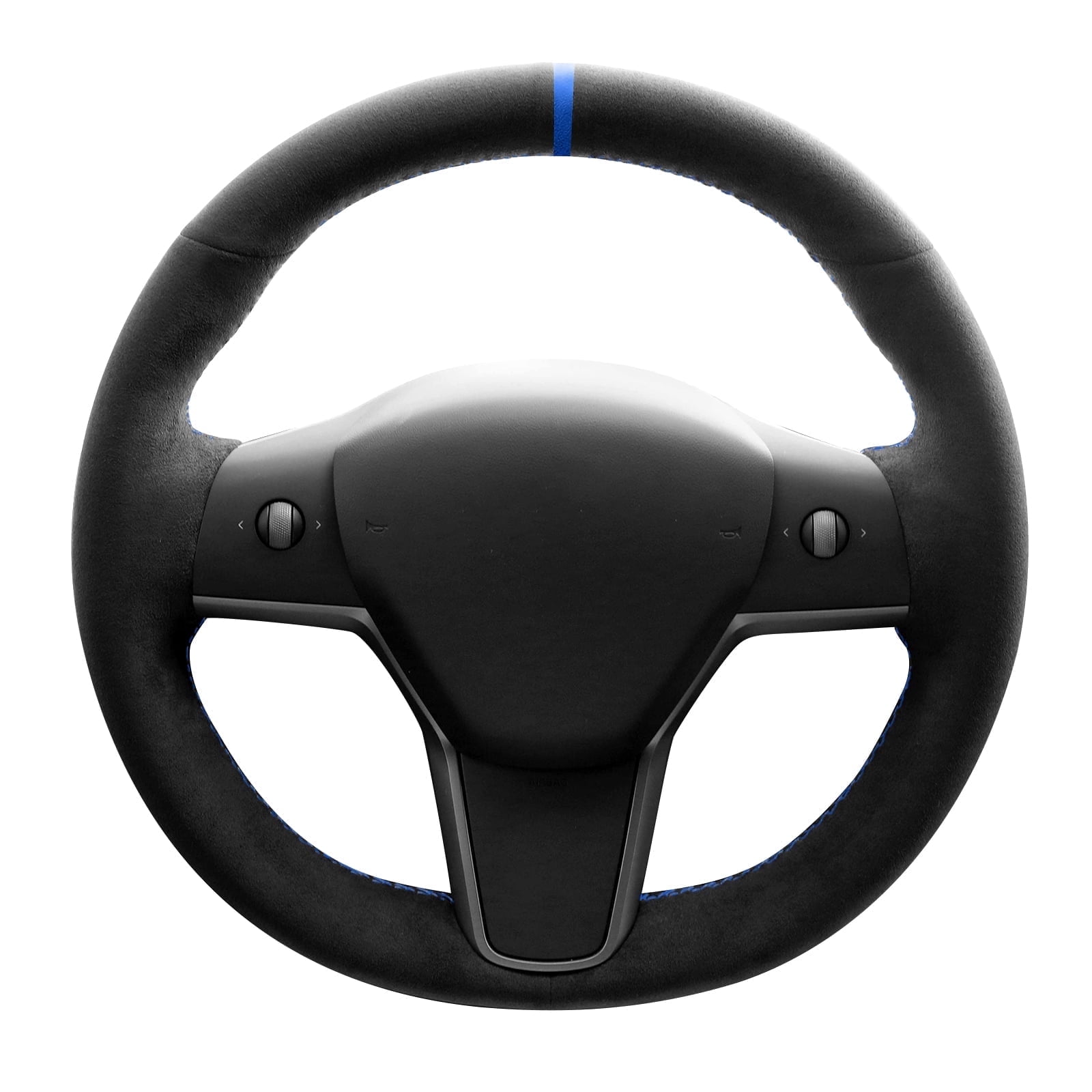 Alfanxi Hand Stitch Sewing Italy Alcantara Car Steering Wheel Cover for Tesla Model 3 or Tesla Model Y 2018-2025(Blue Stripe)