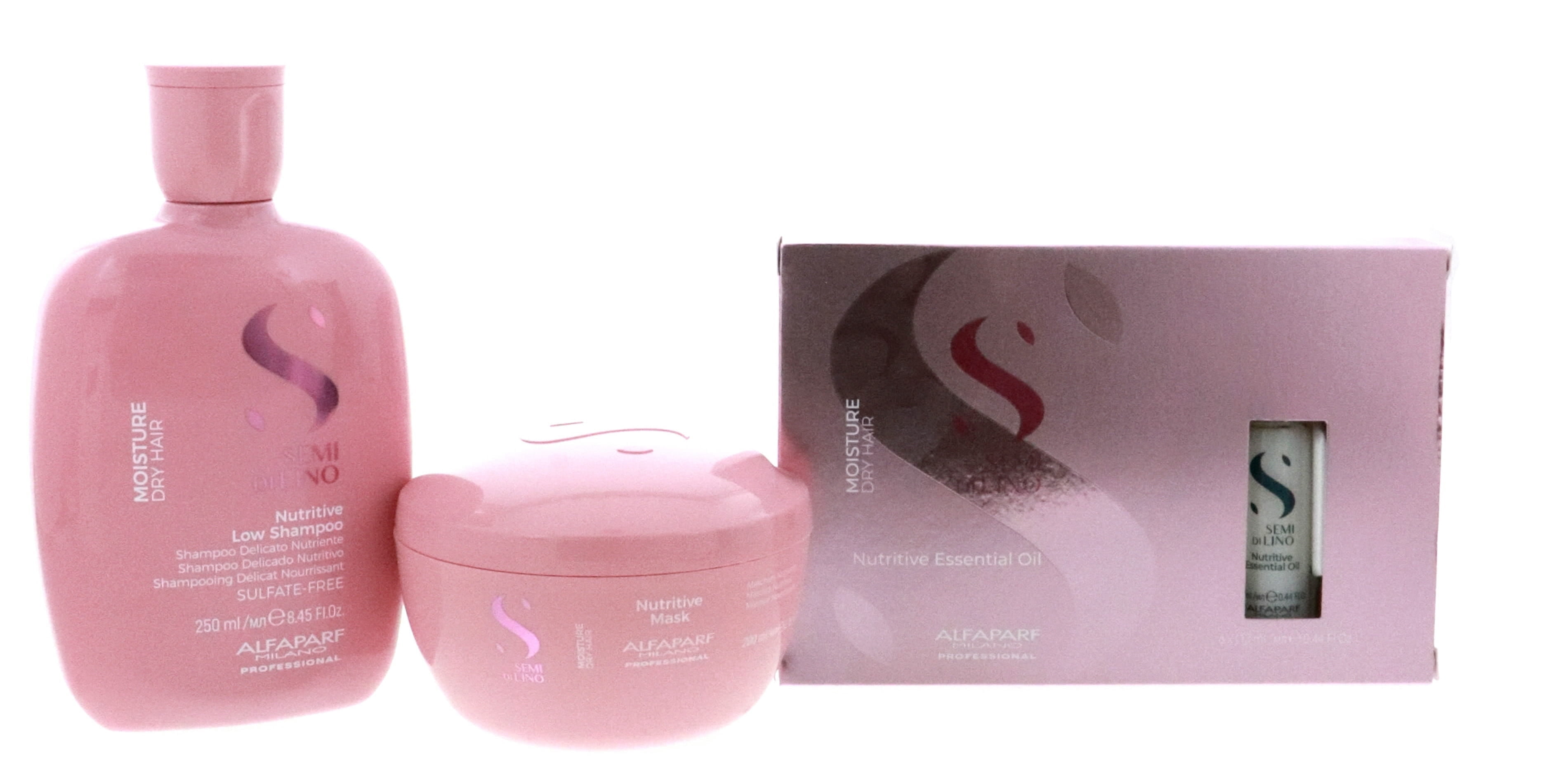 Alfaparf Semi Di Lino Moisture Nutritive Shampoo 8.45oz & Mask 6.76oz & Essential Oil 6x13ml