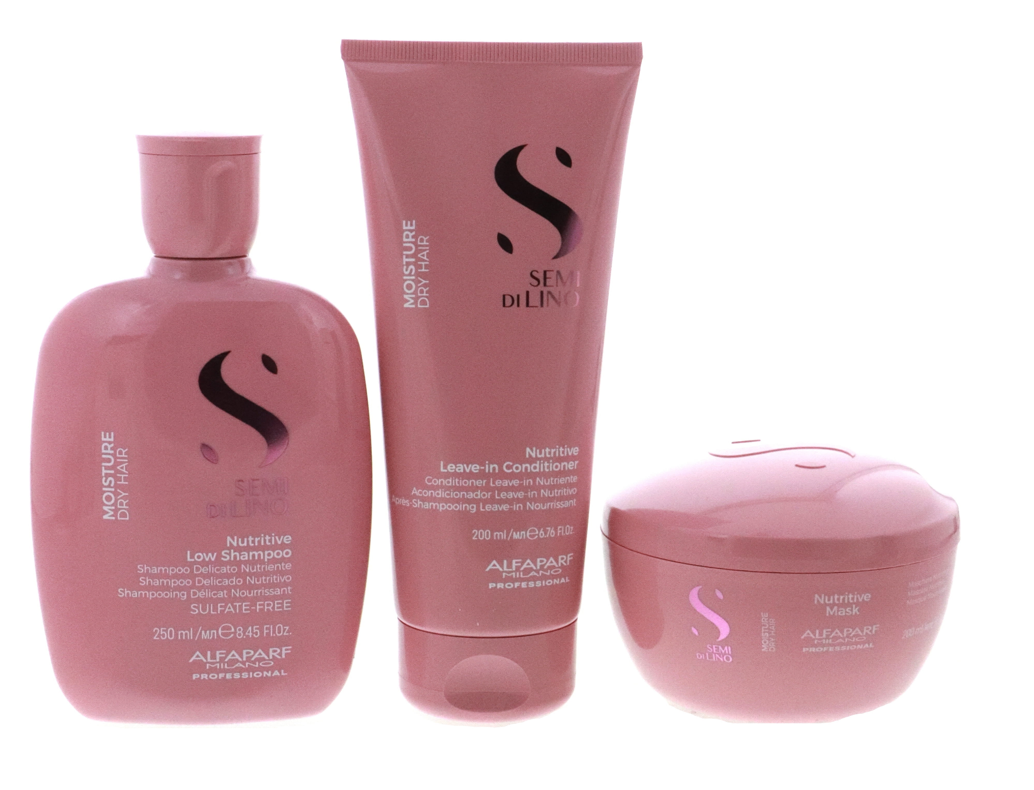 Alfaparf Semi Di Lino Moisture Nutritive Shampoo 8.45oz & Mask 6.76oz & Leave-in 6.76oz