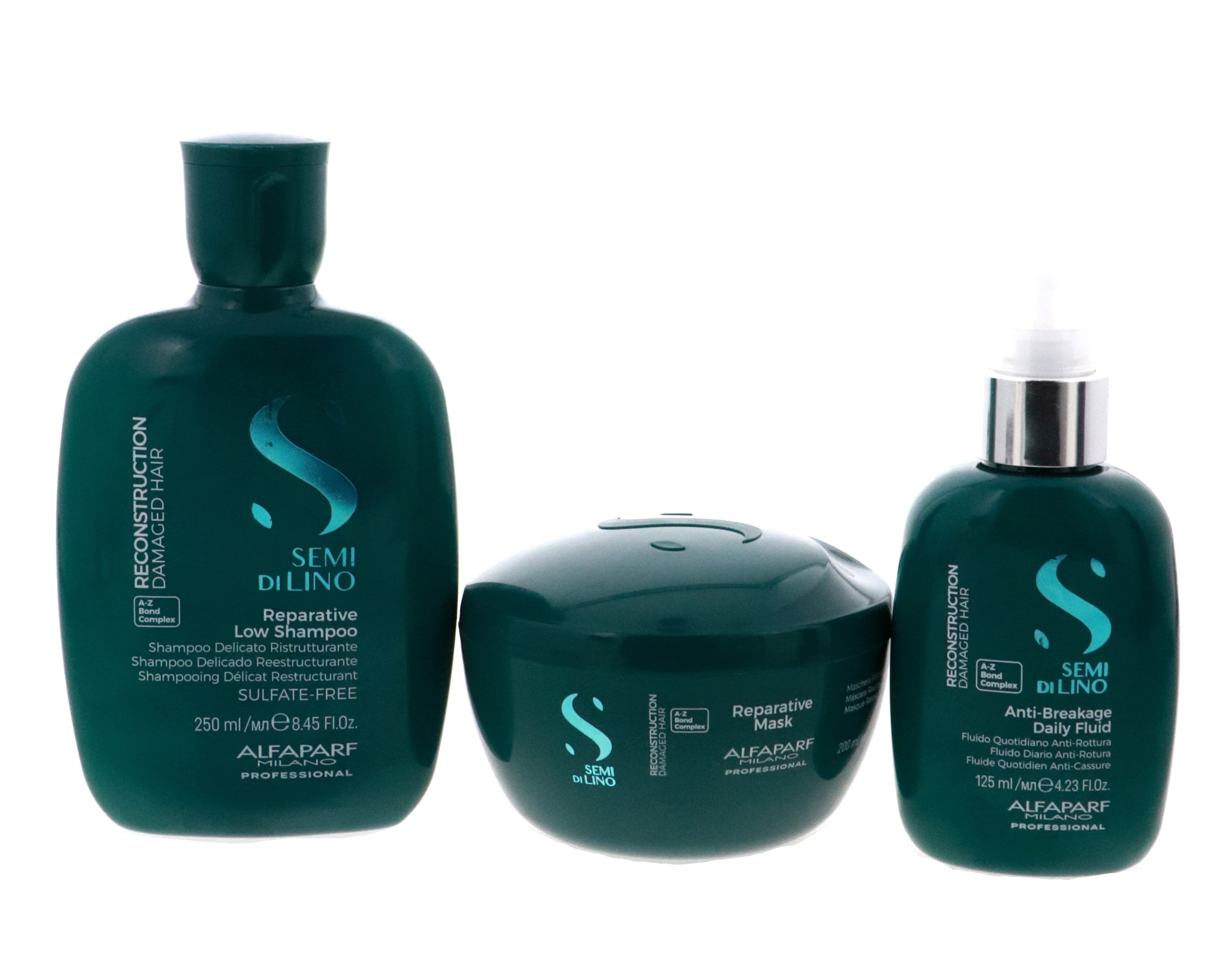 Alfaparf Semi Di Lino Reconstruction Reparative Shampoo 8.45oz & Mask 6.88oz & Fluid 4.23oz