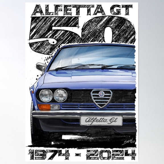 Alfetta Gt 50 Year Anniversary In Blue (Light Coloured Background) Poster Wall Art, Modern Wall Decor For Living Room Bedroom, 8x12 UNFRAMED