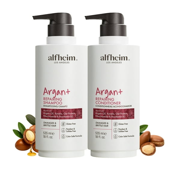 Alfheim Argan+ Repairing Shampoo & Conditioner Set 18oz Each – Salon-Size Hydrating & Smoothing Duo with Argan Oil, Oat Protein & Panthenol – Restores Shine, Reduces Frizz & Repairs Dry, Damaged Hair
