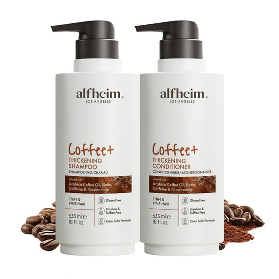Alfheim Coffee+ Thickening Shampoo & Conditioner Set, 18 fl oz, Caffeine & Biotin Strengthening Hair Care for Fine or Thinning Hair, Lightweight Volumizing Formula, Formulated Without Animal-Derived