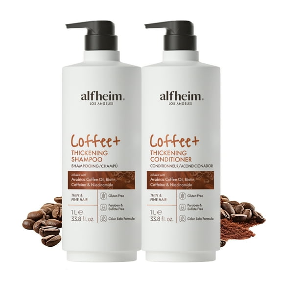 Alfheim Coffee  Thickening Shampoo & Conditioner Set, 33.8 fl oz Each, Caffeine & Biotin Strengthening Hair Care for Fine or Thinning Hair, Lightweight Volumizing Formula, Formulated Without Animal-D