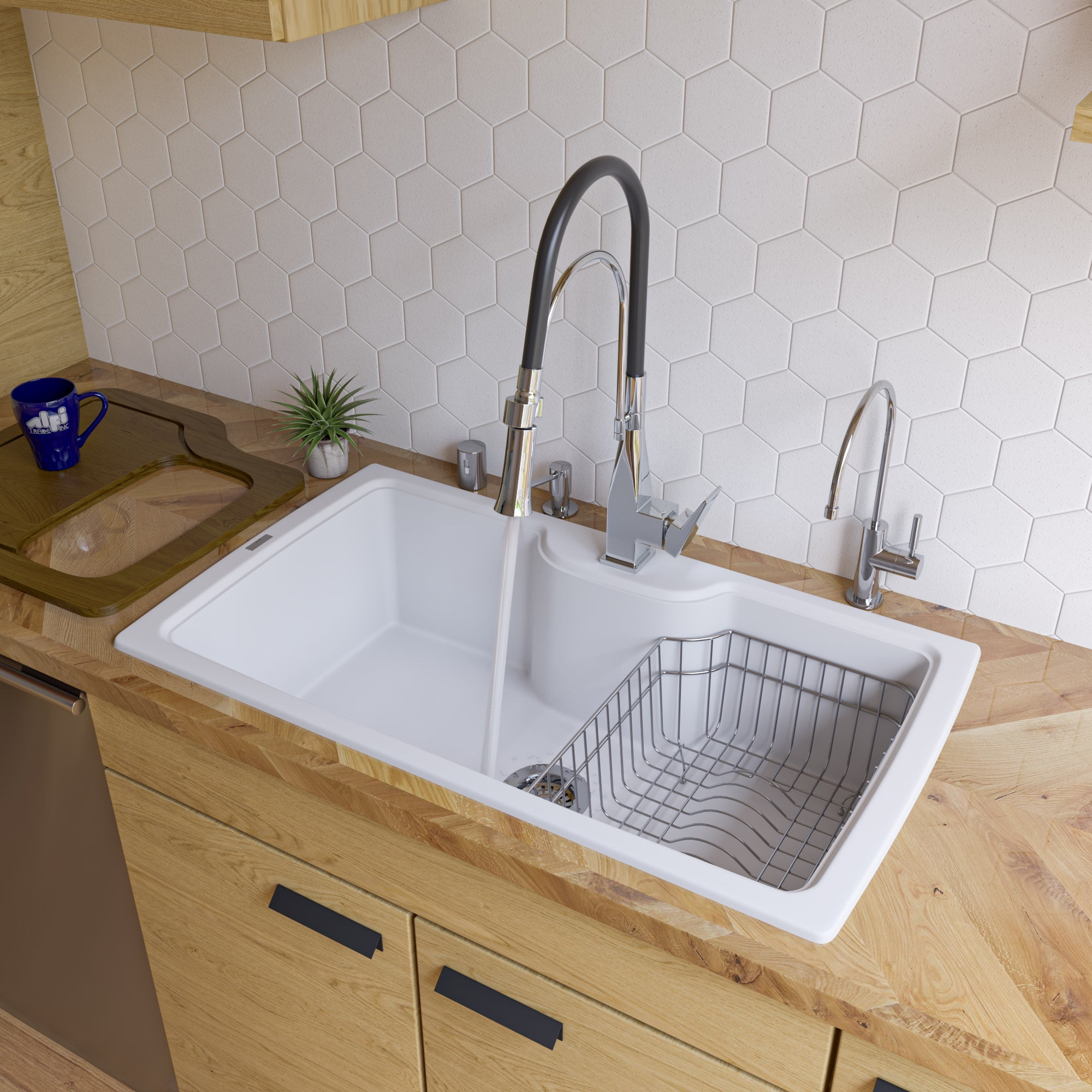 White 35'' Drop-In Single Bowl Granite Kitchen Sink
