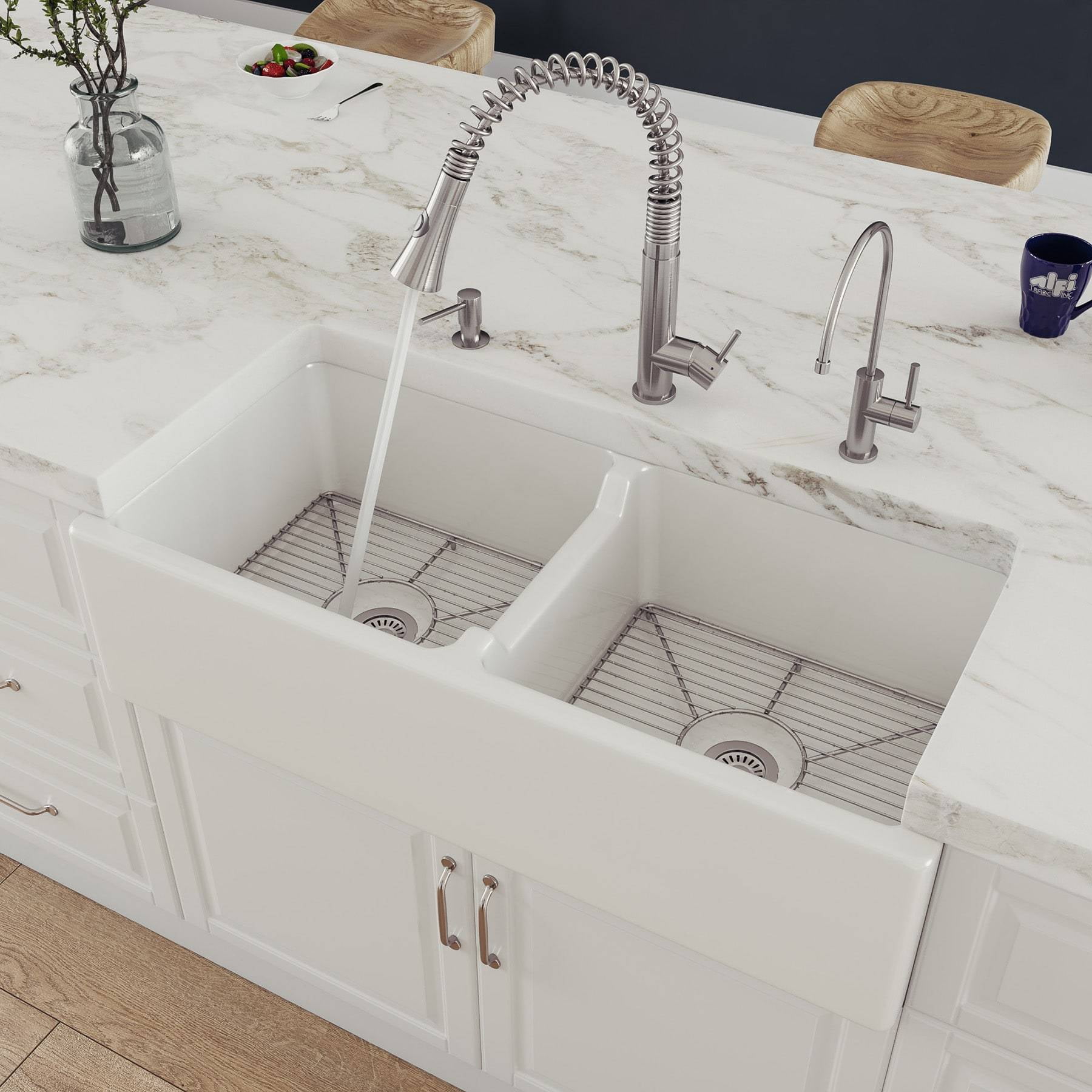 39.5'' White Fireclay Double Bowl Farmhouse Kitchen Sink