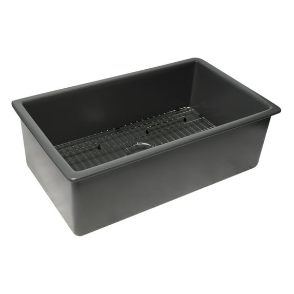 ALFI brand Grey Matte 32" x 19" Single Bowl Fireclay Undermount / Drop In Fireclay Kitchen Sink w Grid