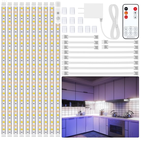 16.4ft Under Cabinet LED Lights Strip, 6000K Cold White Light Strip Kit with 10PCS Connector for Kitchen Cabinets, Cupboards, Closets, Stairs, Shelf, Desk, Bed