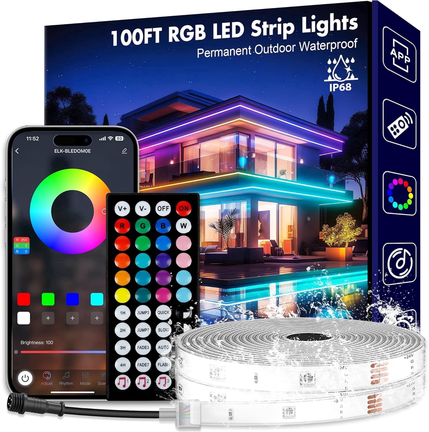 100Ft IP68 Waterproof LED Strip Lights, Outdoor RGB Rope Lights, Support Music Sync Changing and App Control for Rooftop, Courtyard, Swimming Pool, Outdoor