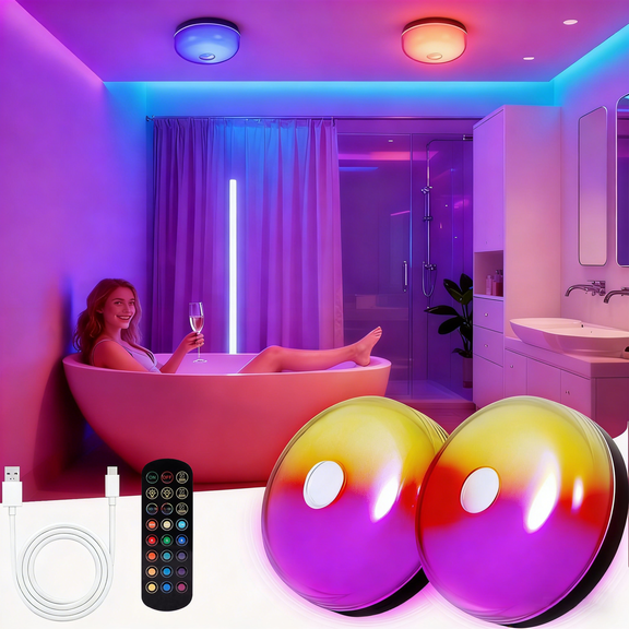Alficedo 2 Pack Shower Lights, 15 RGB Color Changeable Waterproof Lights for Shower with Remote, Wireless LED Mood Lighting for Bathroom, Closet, Bedroom, Party