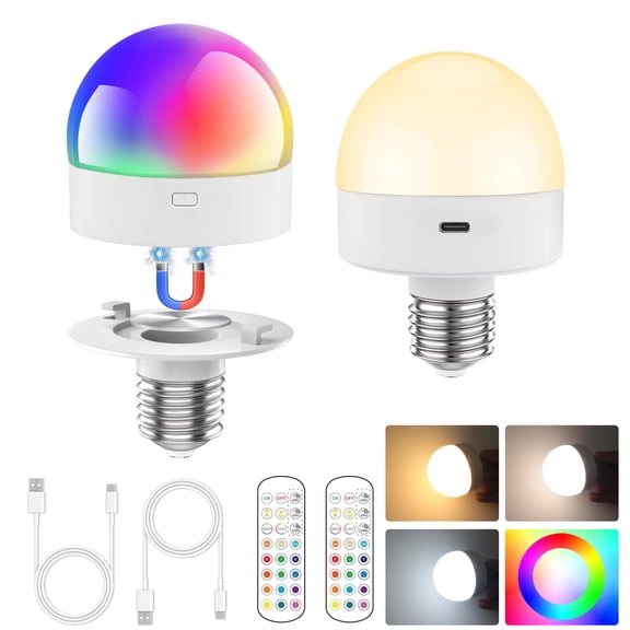 Alficedo 2Pack Battery Operated LED RGB Light Bulb, Rechargeable Light Bulb, Emergency Led Lights, with Timer & Dimmable for Indoor and Outdoor Lighting, Emergency Lighting