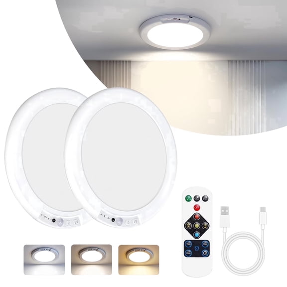 2 Pack Rechargeable Ceiling Light, Motion Sensor, No Wiring, Dimmable with Remote Timer, 3 Color Temp, for Garage Bathroom Hallway Attic Kitchen
