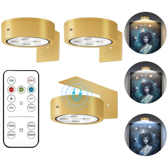 Alficedo 3 Pack Cordless Picture Lights, Dimmable Timer Wall Lights for Wall Decoration, Displaying Artwork, Photos, Paintings