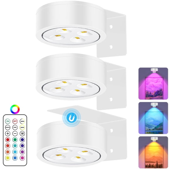 Alficedo 3 Pack RGB Picture Light, Wireless Painting Light, Wall Display Art Light with Remote Control, Dimmable and Timer, Suitable for Art Frames, Gallery, White