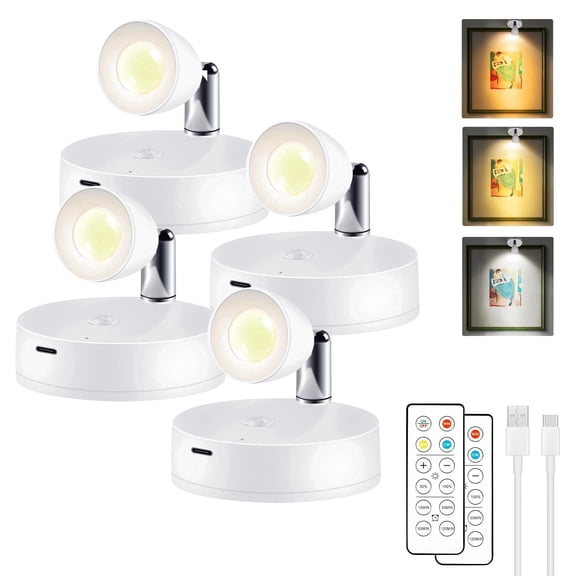 Alficedo 4 Pack Spot Lights Indoor, Rechargeable Battery Operated Plant Light, Wireless Mini Picture Accent Light for Wall Display Artwork