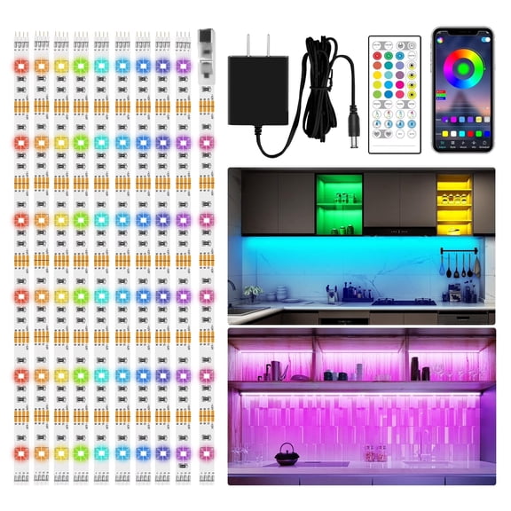 Alficedo 8 PCS RGB Under Cabinet Lighting Kit, Music Sync Color Changing LED Lights, App and Remote Control Strip Lights, for Cabinet, Counter, Shelf, Bookcase, 13ft