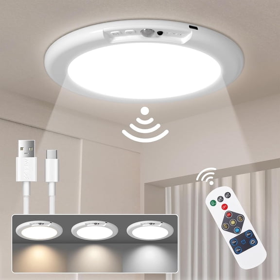 Alficedo Sensor Ceiling Light , Wireless Rechargeable LED Light with Remote, Supports Dimmable Timing for Attics Hallways Bathrooms garages
