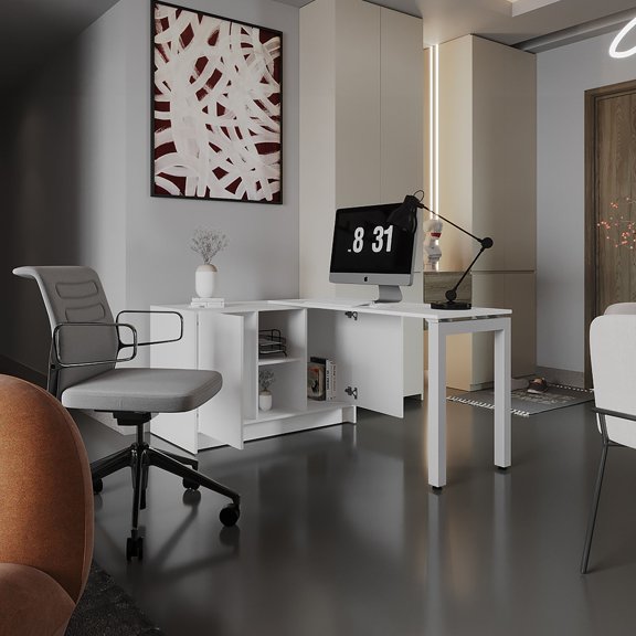 Alfie Rotatable Desk 72-Inch Wide Adjustable Workstation In Two Directions with Storage Compartments, For Home Office or Studio