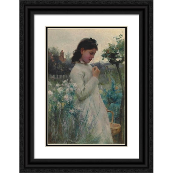 Alfred Augustus Glendening 11x14 Black Ornate Wood Framed Double Matted Museum Art Print Titled: A Young Girl in a Garden (1884)
