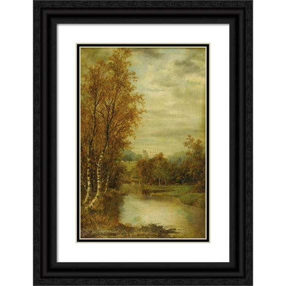 Alfred Augustus Glendening 17x24 Black Ornate Framed Double Matted Museum Art Print Titled: Autumn Landscape with Pond and Castle Tower (1869)
