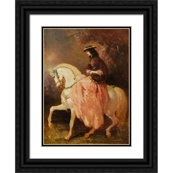 Alfred De Dreux 19x24 Black Ornate Framed Double Matted Museum Art Print Titled: Amazon with a Small Boater, Red Jacket, Pink Skirt, a Whip on a Gray Horse with Blue Ribbons