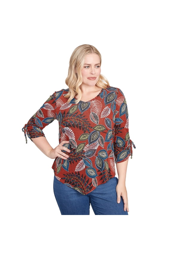 Womens Petite Batik Leaves Melange Asymmetrical Top