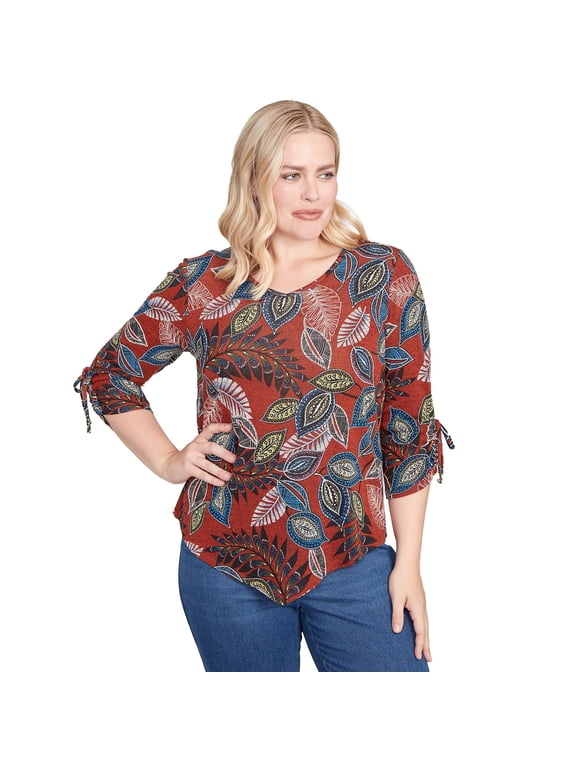 Womens Petite Batik Leaves Melange Asymmetrical Top