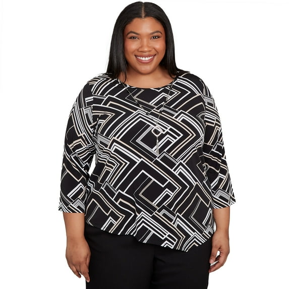 Alfred Dunner Womens Plus-Size Geometric Textured Top With Necklace