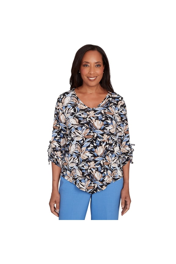 Womens Tie Sleeve Brushstroke Floral Knit Top