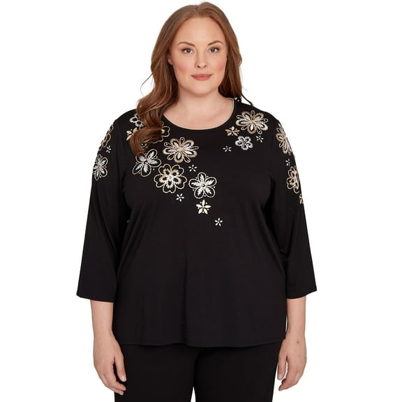 Alfred Dunner Womens Plus-Size Gold Floral Embroidered Three Quarter Sleeve Top