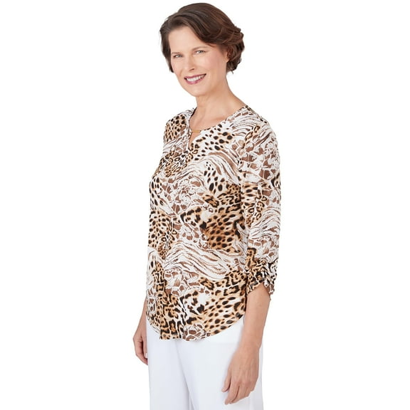 Alfred Dunner Classic Animal Print Polyester Top (US, Alpha, Large, Regular, Petite, Petite, Tan)