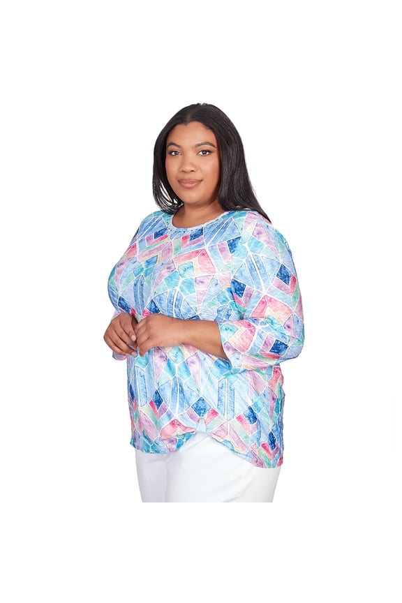 Classic Denim Stain Glass Polyester Top (US, Alpha, 3X, Plus, Regular, Plus Size, Multi)