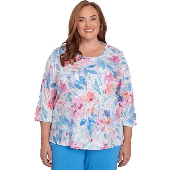 Alfred Dunner Women's Plus-Size Floral Spray Crewneck Top Size 1X Multi Purple