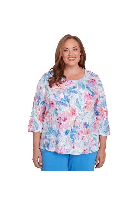 Women's Plus-Size Floral Spray Crewneck Top Size 3X Multi Purple