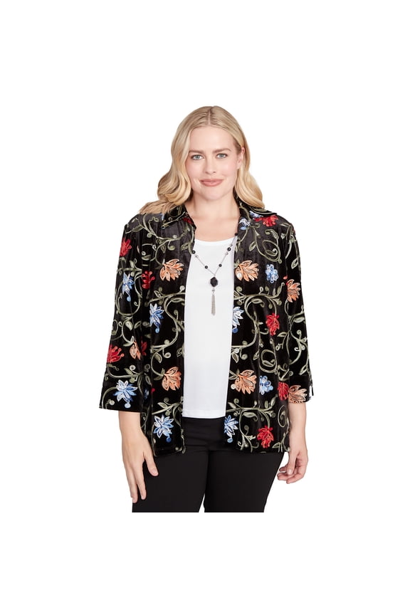 Womens Petite Rich Velvet Floral Two In One Top With Necklace