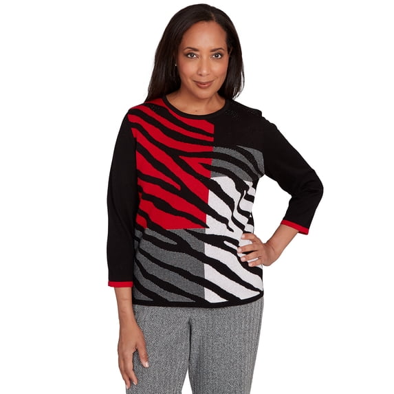 Alfred Dunner Womens Petite Zebra Colorblock Long Sleeve Sweater