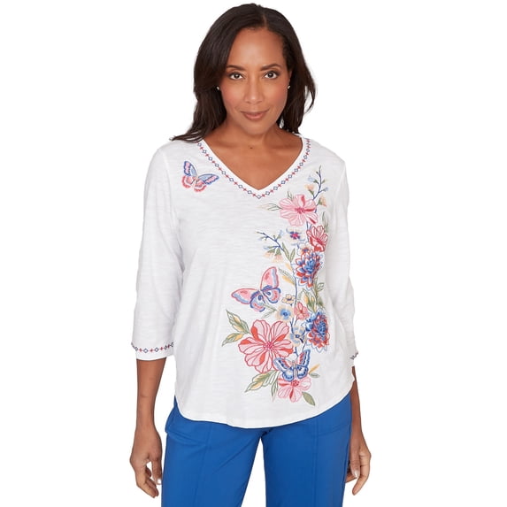 Alfred Dunner Womens Petite Floral Butterfly Embroidered V Neck Top