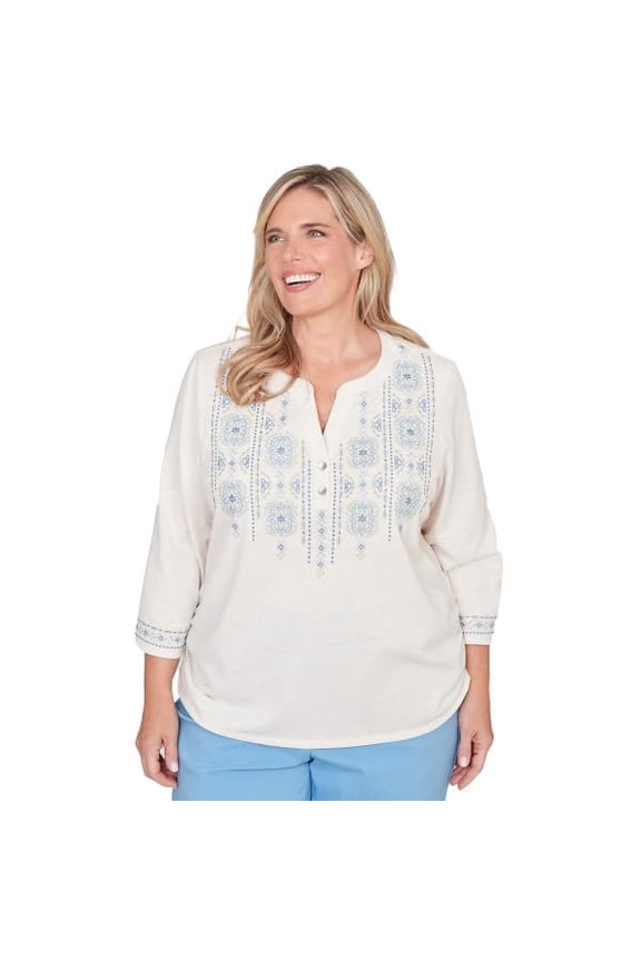 ST.Augestine Medallion Embroidered Yoke Cotton/Polyester Top (US, Alpha, 1X, Plus, Regular, Plus Size, Multi)