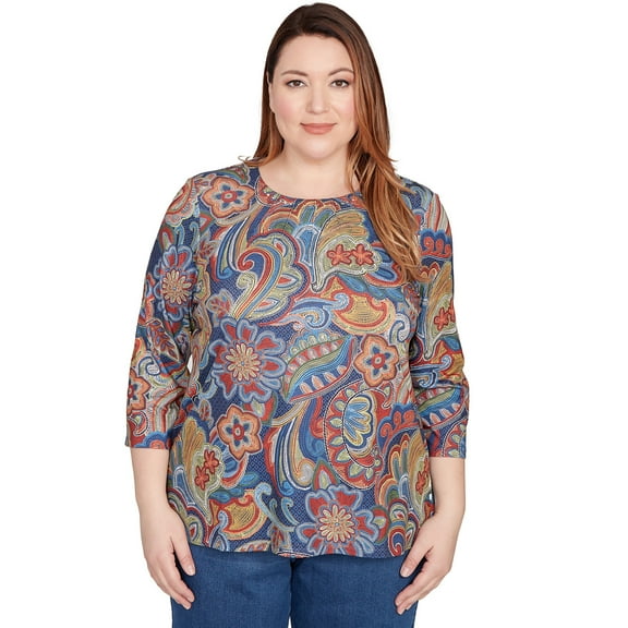 Alfred Dunner Womens Plus-Size Stitched Floral Pleated Neck Top