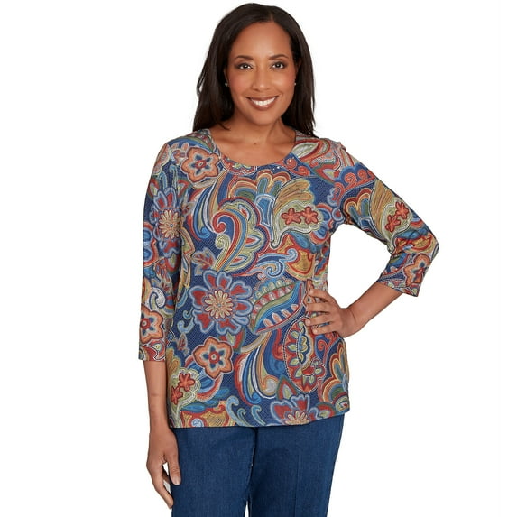 Alfred Dunner Womens Stitched Floral Pleated Neck Top