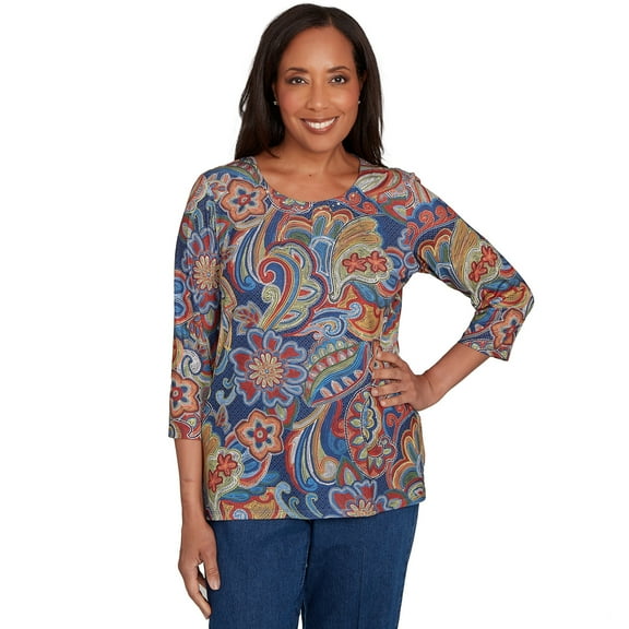 Alfred Dunner Womens Stitched Floral Pleated Neck Top