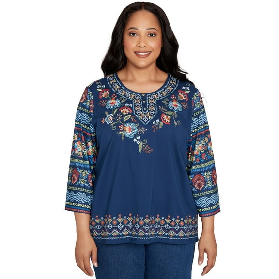 Alfred Dunner Womens Plus-Size Printed Sleeve Floral Embroidered Top