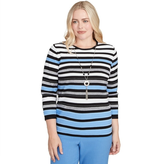 Alfred Dunner Womens Petite Textured Stripe Sweater With Necklace