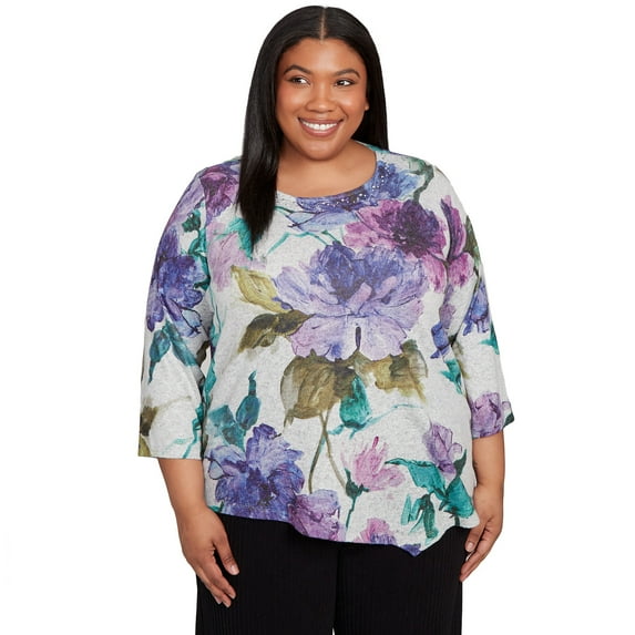 Alfred Dunner Womens Plus-Size Asymmetrical Watercolor Flower Top