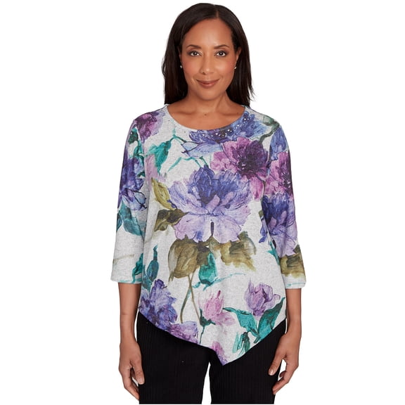 Alfred Dunner Womens Asymmetrical Watercolor Flower Top