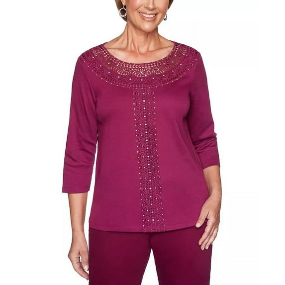 Alfred Dunner Women's Autumn Harvest Crochet-Trim Top Red Size X-Large