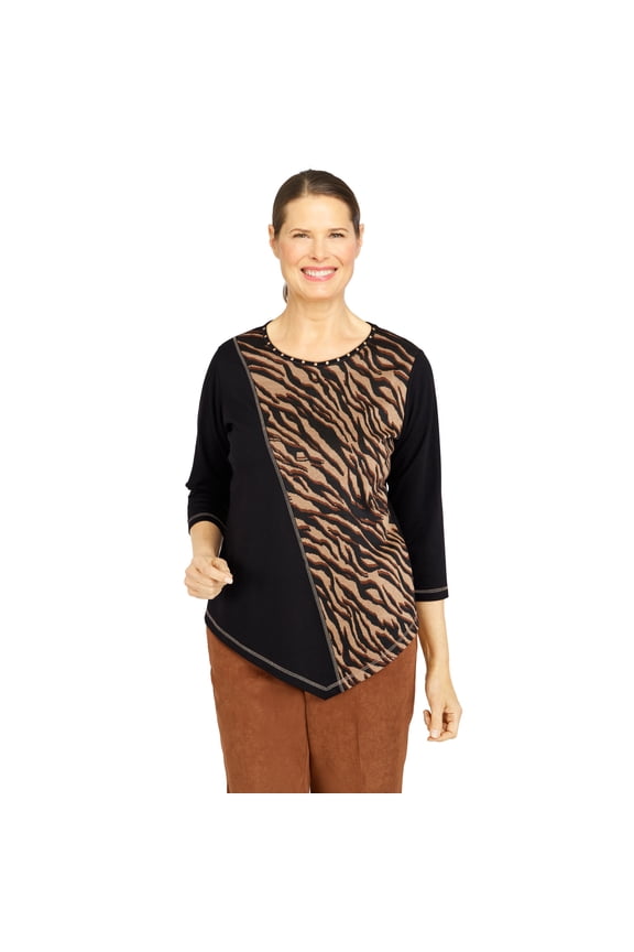 Women's Petite Spliced Asymmetrical Hemline 3/4 Sleeve Top